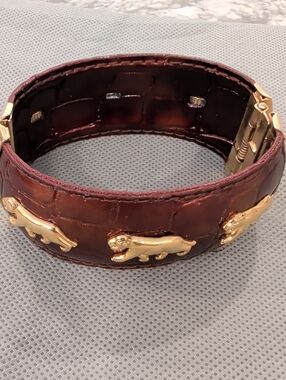 Gold Jaguar Accent Brown Leather Cuff Bracelet